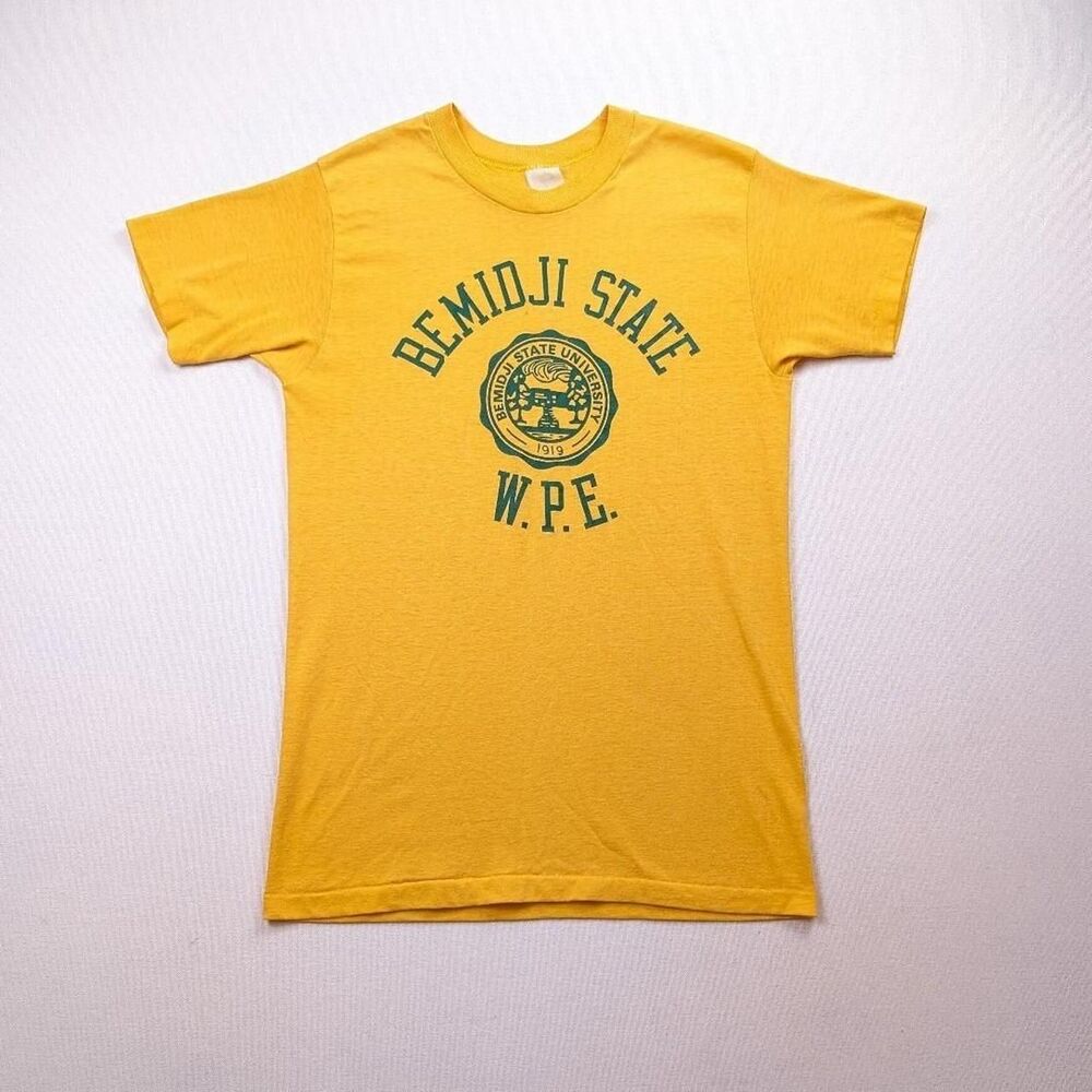Vintage 70s Bemidji State University WPE Seal Print Yellow Tshirt Size XS?